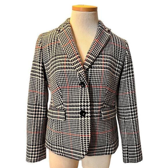 Talbots Wool Blend Houndstooth Plaid Blazer SZ 4 Black White Red Classic Preppy - Picture 1 of 12